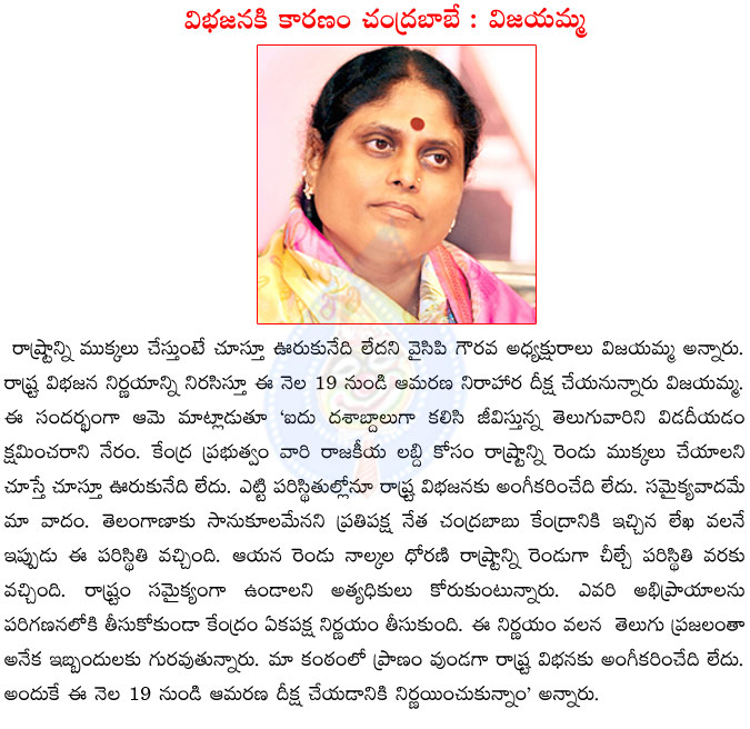 chandra babu,vijayamma,ysrcp,ysrcp,protest,ys vijayamma deeksha for samaikyandhra,telangana,reason chandrababu,chandra babu reason for the state division  chandra babu, vijayamma, ysrcp, ysrcp, protest, ys vijayamma deeksha for samaikyandhra, telangana, reason chandrababu, chandra babu reason for the state division